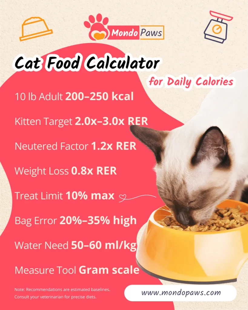 Cat Food Calculator infographic showing daily caloric needs, dry kibble cups, wet food cans, and water requirement