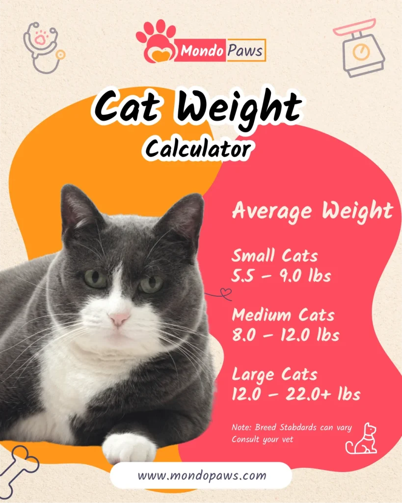 Infographic for Cat Weight Calculator by Mondo Paws, About average weight benchmarks by breed size,