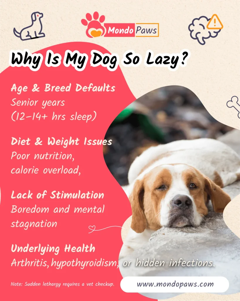 Why do dogs become lazy, infographic showing common causes of low energy in dogs