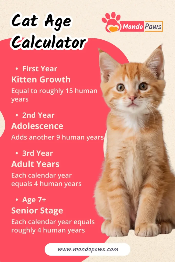 Cat Age Calculator infographic showing human-year conversion, life stages, and senior wellness milestones