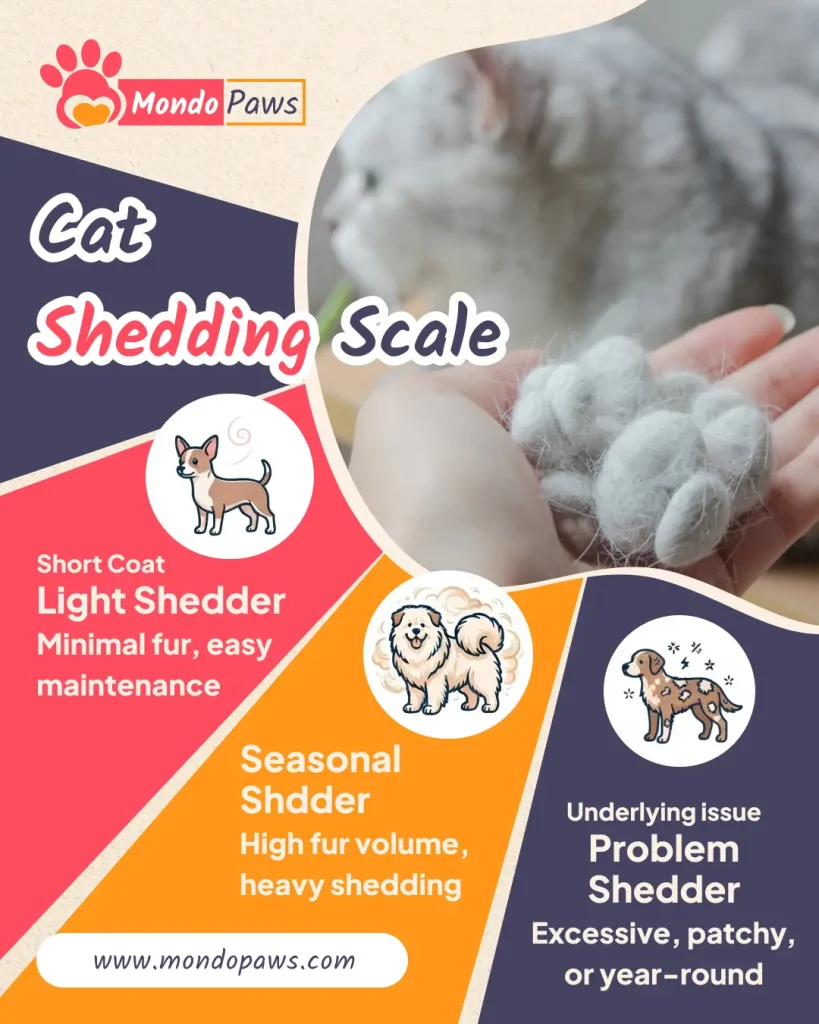 Cat Shedding Scale infographic showing levels 1 to 5, seasonal peaks, and when excessive shedding needs a vet