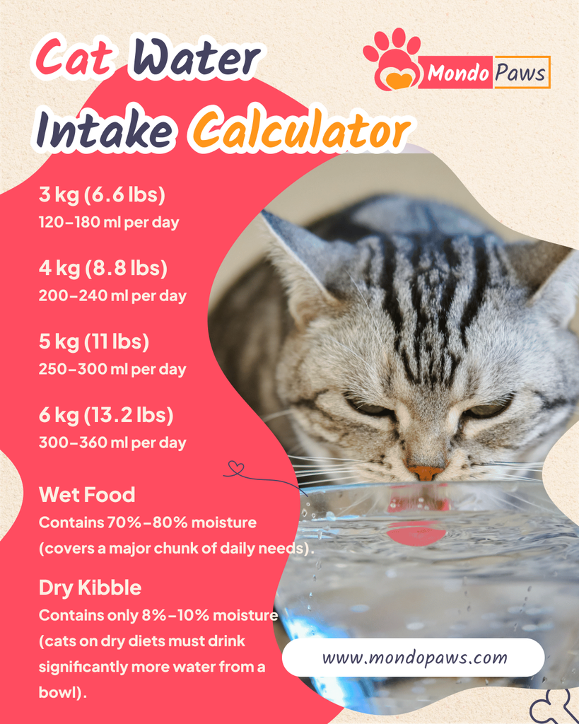 Cat Water Intake Calculator infographic showing daily hydration targets, dehydration signs, and wet versus dry food water sources