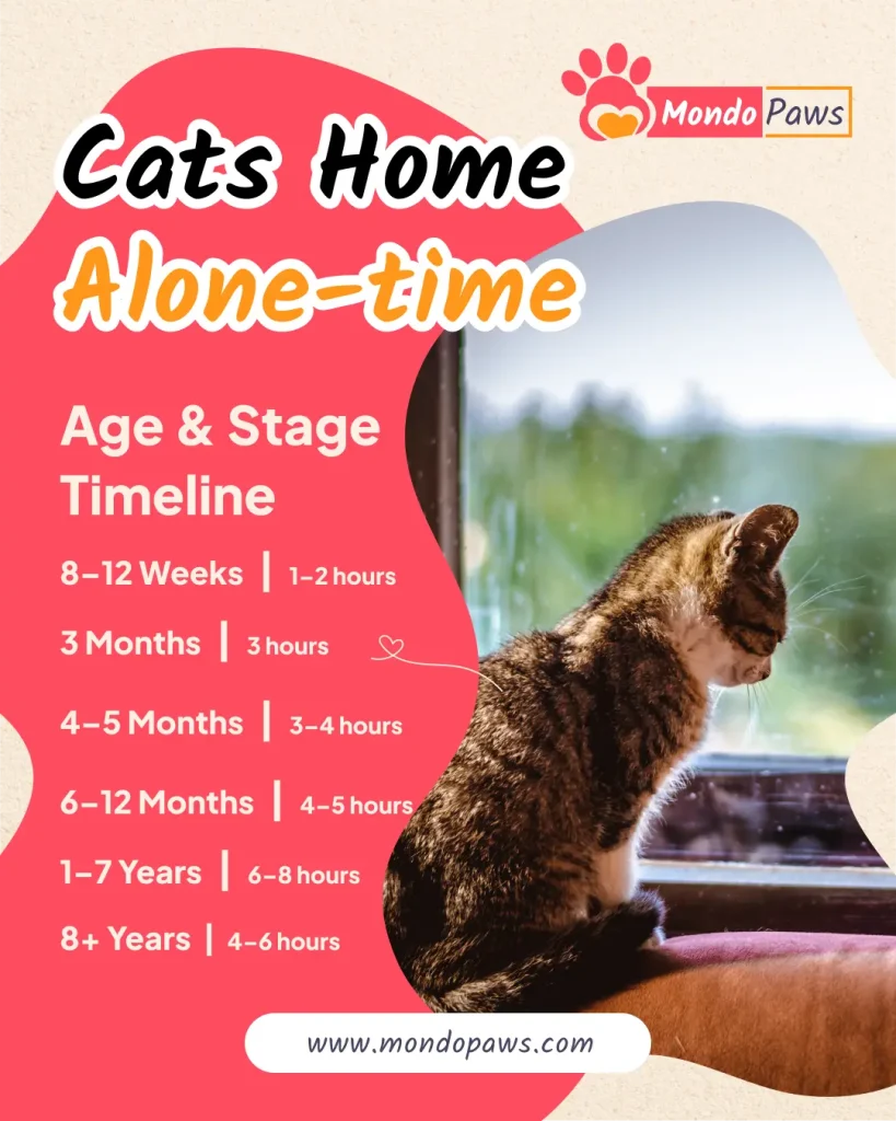 Cats Alone-Time Calculator infographic showing how long cats can be left alone by age, trip check-in guidance, and home setup checklist