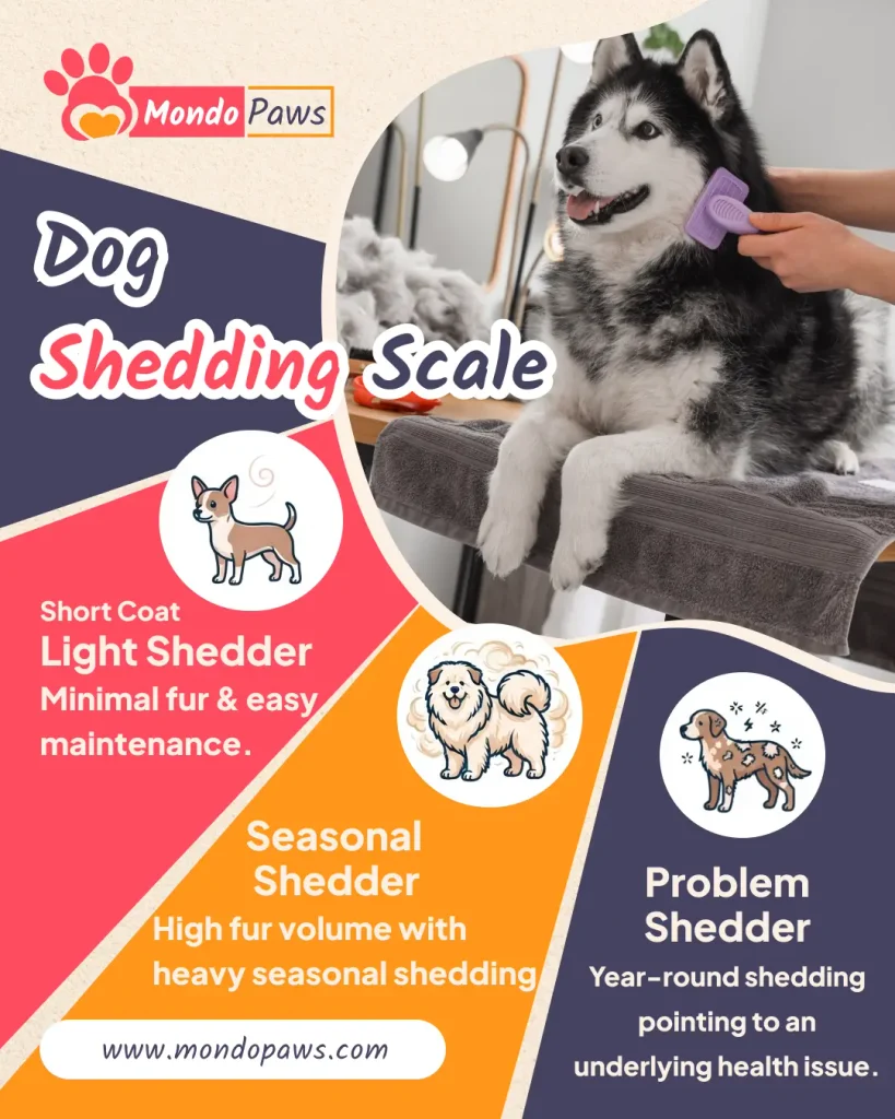 Dog Shedding Scale infographic showing levels 1 to 5, coat types, and the heaviest and lightest shedding breeds