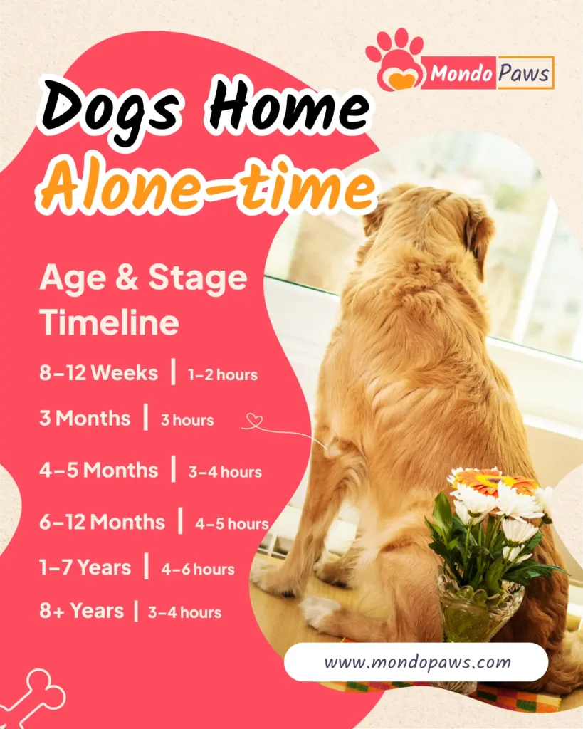 Dogs Alone-Time Calculator infographic showing how long dogs can be left alone by age, with signs of distress and midday break options
